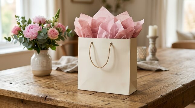Elegant colorful gift bag with decorative tissue paper, isolated on a clean neutral background, perfect for celebrations, birthdays, weddings, and special events, professional product photography.