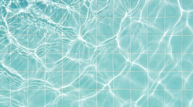 Bright sunlight creates beautiful shimmering caustic patterns on the surface of clear turquoise water covering square tiles in this high angle overhead shot of a pool