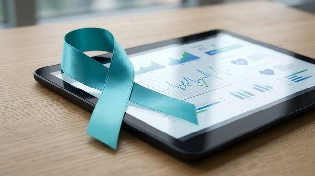 A teal awareness ribbon rests gracefully on a sleek digital tablet, symbolizing health advocacy, ovarian cancer support, and modern medical technology in a clean, professional clinical setting.