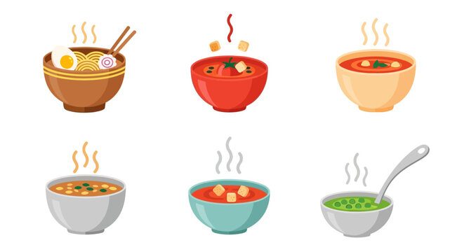 Collection of six steaming hot soup bowls with various ingredients.