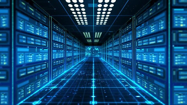 Data storage service room, technology data processing server rack, A symmetrical data center corridor lined with glowing blue server racks, with a digital grid floor and a distant holographic core.