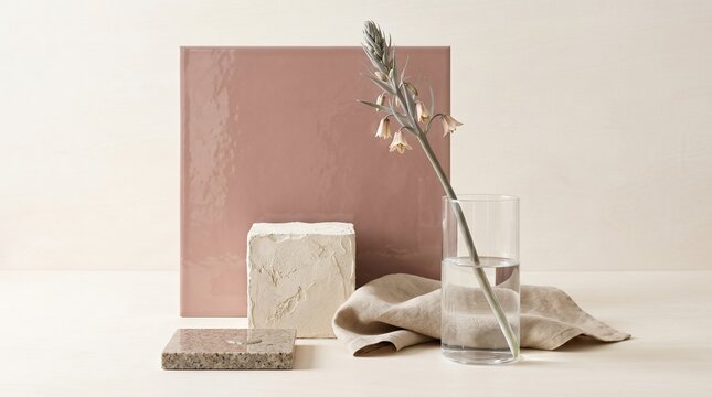 Minimalist ceramic tile and textured granite still life arrangement