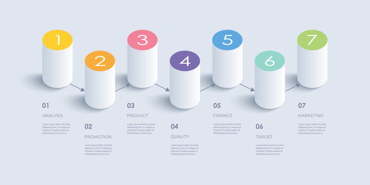 3D infographic labels with 7 parameters or steps. Isometric layout for process diagrams, presentations, workflow layouts and flow charts.