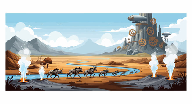 Caravan Journeying Across Steampunk Landscape Illustration Art.