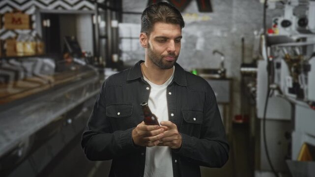 Hispanic man with beard holding a beer bottle and pointing finger while standing at a bar counter inside a building; relaxed sociable moment.