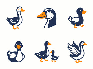 Fototapeta premium Set of cute goose and duck icons in flat vector style