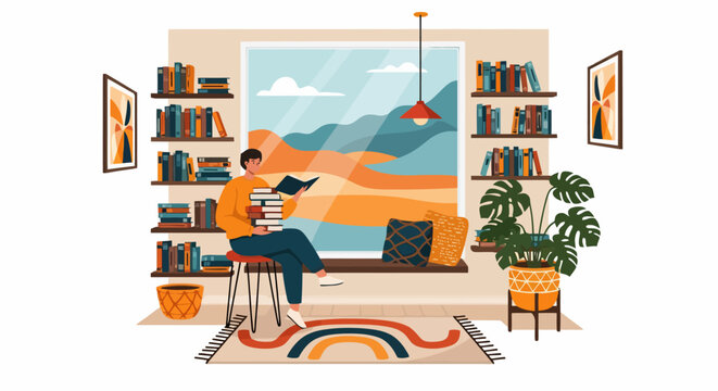 Person Reading Book on Stool in Cozy Room Illustration.