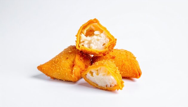 Crispy Golden Fried Crab Rangoon With Creamy Cheese Filling Served As A Stacked Appetizer