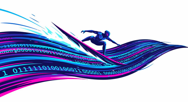 Surfer Riding a Wave of Digital Binary Code.