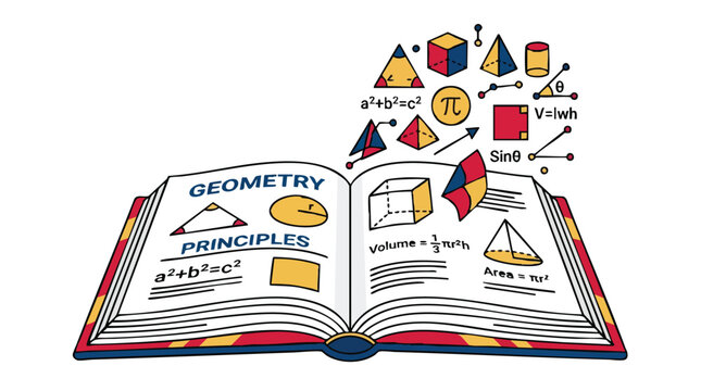 Open book with geometry principles, mathematical formulas, and various 3d geometric shapes floating above pages