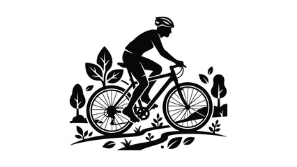 Naklejka premium Black and white silhouette illustration of a mountain biker riding on a trail.
