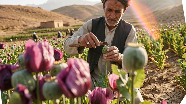 Afghan farmer harvesting opium poppy pods in a traditional field