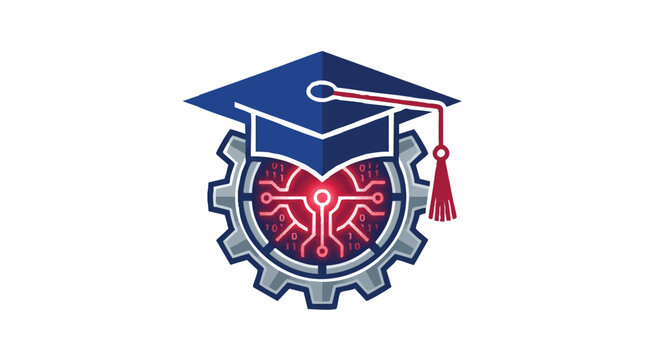 Graduation cap on a gear icon with digital circuit board pattern and binary code