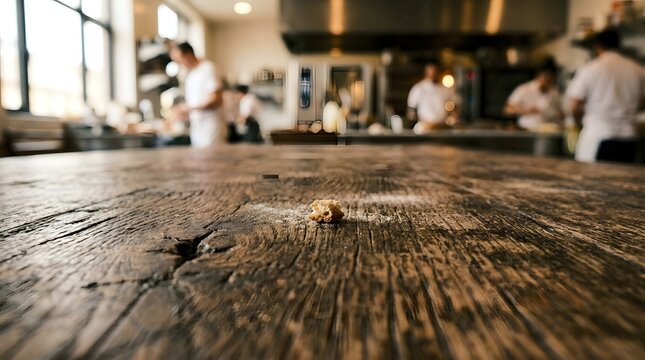 Close up of rustic wooden table with blurred chefs working in a professional kitchen background.