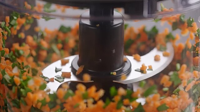 Closeup of food processor blades chopping fresh vegetables for healthy meal preparation.