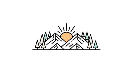 A minimalist line art illustration of mountains and trees at sunrise © cebong