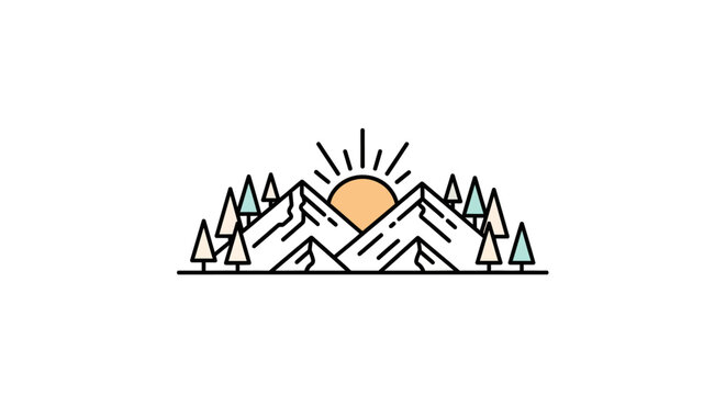 A minimalist line art illustration of mountains and trees at sunrise