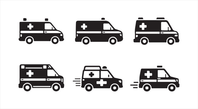 Black Ambulance Silhouettes Showing Paramedic Vehicles Emergency Care and Medical Transportation Services