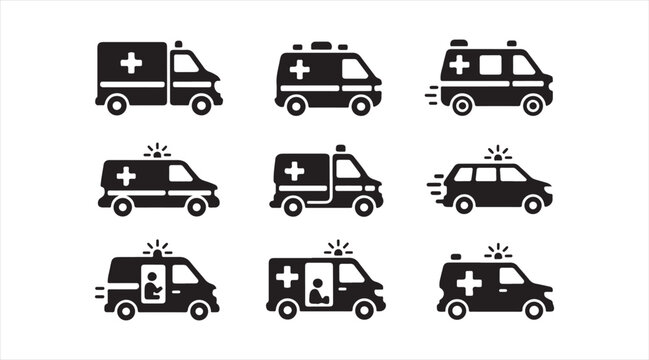Ambulance Vehicle Icon Set Featuring Emergency Medical Transport and Rescue Service Symbols