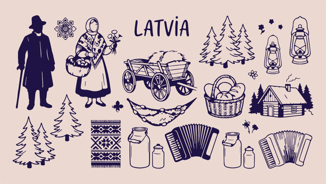 Latvia traditional culture and heritage symbols, hand drawn minimal line art doodle set, premium modern monoline vector illustration, clean design isolated on white background, national tourism and tr