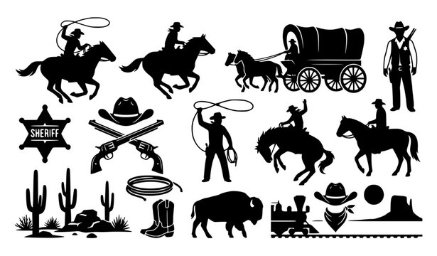 Minimal black and white Wild West silhouette icon set with cowboy horse riders