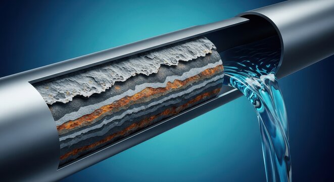 A severe obstruction inside a narrow metal pipe prevents the flow of water, illustrating a plumbing problem and system failure, congestion, barrier, engineering