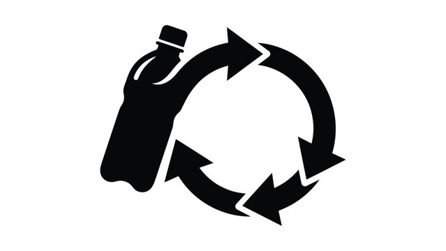 Black silhouette icon of a plastic bottle inside a circular recycling symbol.