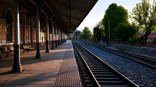 An atmospheric view of an old train station platform and architectural pillars surrounded by lush greenery at dusk
