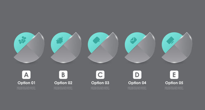 3D glass semicircular infographic elements for visualizing business and marketing strategies or reports. A modern minimalist layout consisting of five steps or processes.
