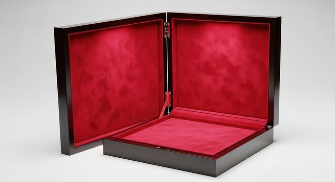 Luxurious presentation box lined with deep red velvet, opened to reveal the soft, textured interior, closeup, fabric, vintage