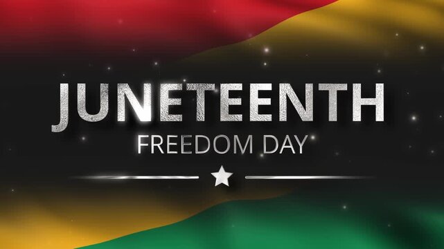 Juneteenth Freedom Day metallic silver text animation with glowing particles on flowing red, yellow, green, and black abstract background motion.