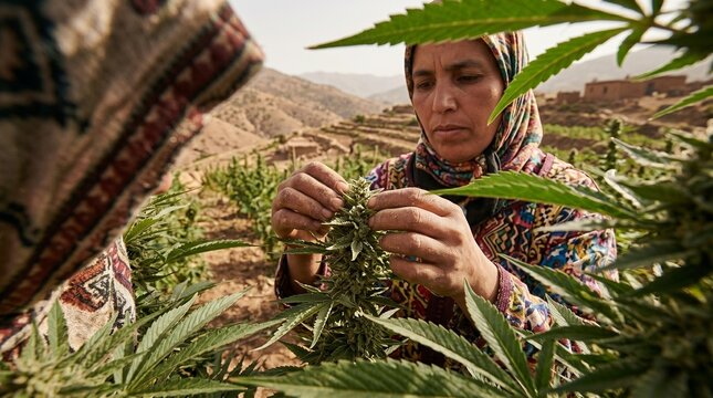 Cultivo e Colheita de Cannabis em Marrocos, Destacando Tradi&ccedil;&otilde;es Agr&iacute;colas, Trabalho Manual e Comunidades Rurais do Norte de &Aacute;frica.