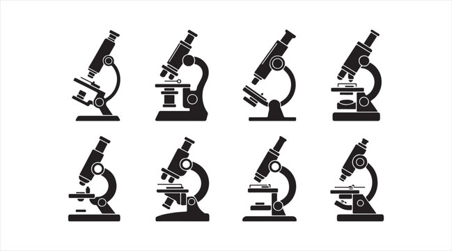 Black Microscope Icons Showing Medical Laboratory Testing Scientific Investigation and Biotechnology Tools