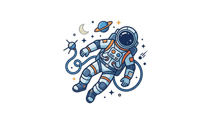Astronaut floating in outer space with planets and stars. © delon