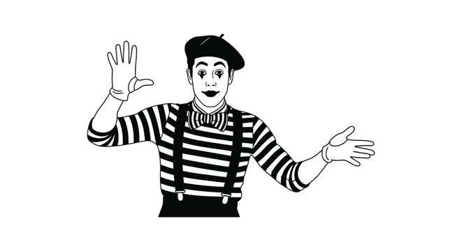 silhouette of a mime artist wearing a beret and striped shirt black and white silhouette