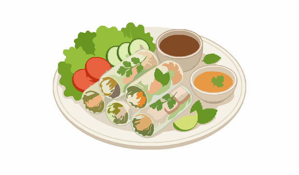 Fresh spring rolls vector illustration healthy appetizer lettuce tomato light meal food concept