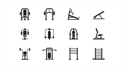 Fototapeta premium Black Fitness Equipment Icons Showing Weight Training Cardio and Strength Workout Apparatuses
