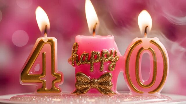 Golden 40th Birthday Candles on a Cake with Pink Bokeh Background.