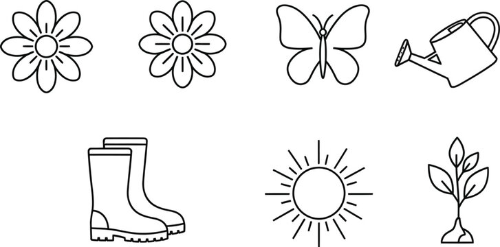 Line gardening including flowers, butterfly, watering can, rain boot, sun, and seedling line gardening flowers