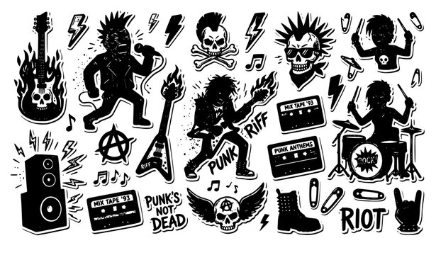 Vintage 80s 90s rock and roll vector set punk doodle cartoon music icons badges stickers