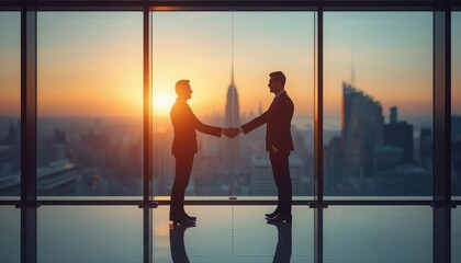 Fototapeta premium Two businessmen shaking hands in front of city skyline at sunset with tall building two people business handshake agreement partners silhouette corporate collaboration professional executive