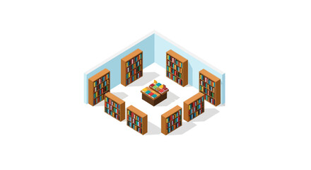 An isometric view of a small library room filled with wooden bookshelves and books © cebong