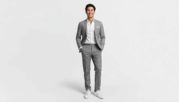 Full length portrait of young asian man in grey suit and white shirt standing with business portrait professional clothing corporate standing handsome confident businesswear leadership