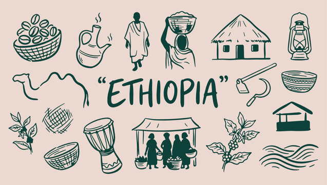 vector illusEthiopia traditional culture and heritage symbols, hand drawn minimal line art doodle set, premium modern monoline vector illustration, clean design isolated on whtration of a set of icons