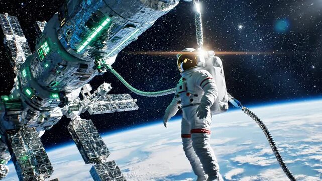 A lone astronaut in a spacesuit floats near a metallic spacecraft module against a starry night sky backdrop with Earth visible below