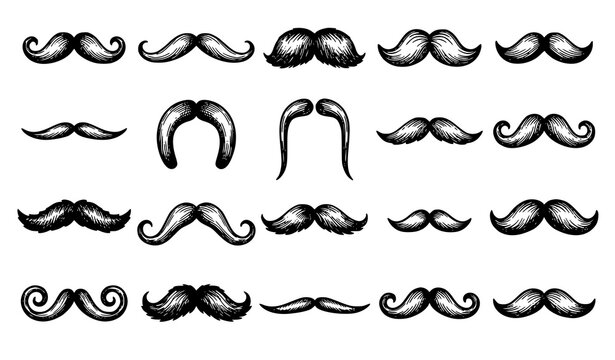 Modern hand drawn mustache vector collection black white grooming barber icon set design