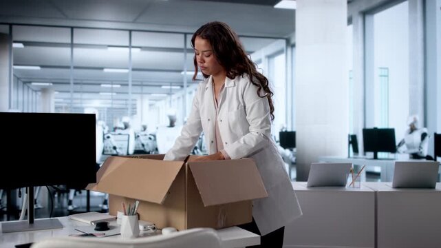 Doctor Carefully Packing Personal Items After Sudden Job Loss