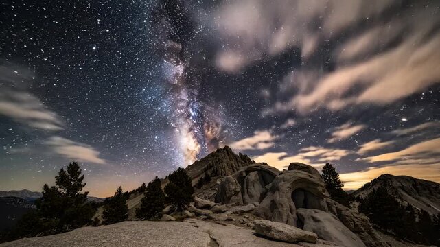 Majestic Milky Way Galaxy Arches Over Rugged Mountain Peaks Under Starry Night Sky.