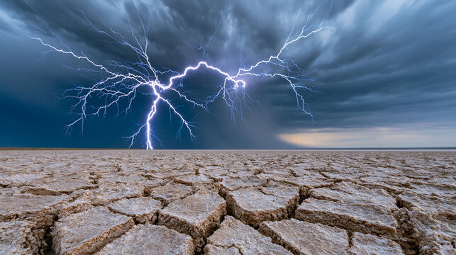 Lightning fracturing a charcoal sky above a salt flat, storm front advancing across cracked dried earth, distant curtain of rain backlit by cloud diffusion, horizon line razor sharp against churning