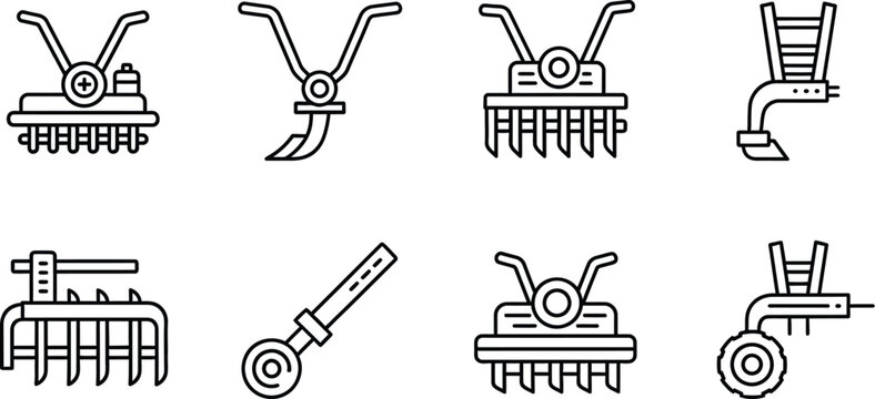 Line of garden cultivators and tillers, various types farming agriculture